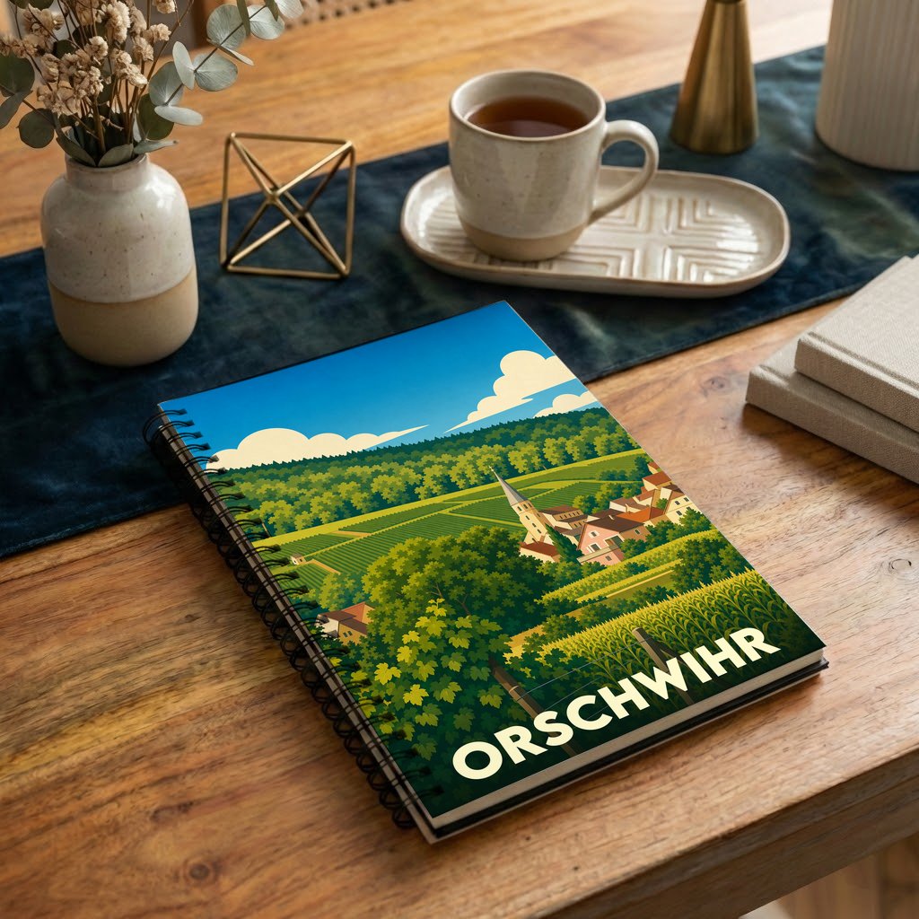 Carnet de notes souvenir de la ville d'Orschwihr illustré par un paysage de vignobles stylisé.
