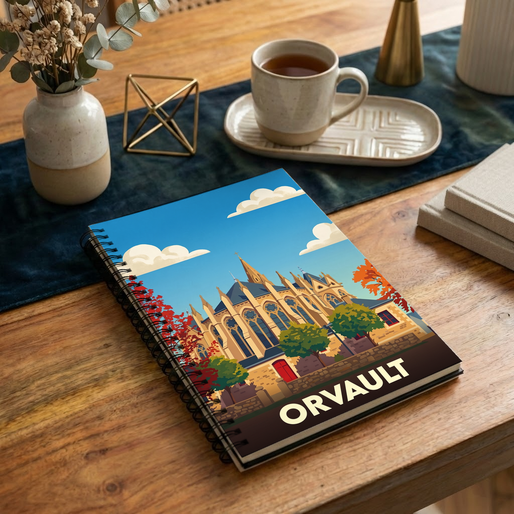 Carnet souvenir de la ville d'Orvault avec une illustration stylisée de son église.