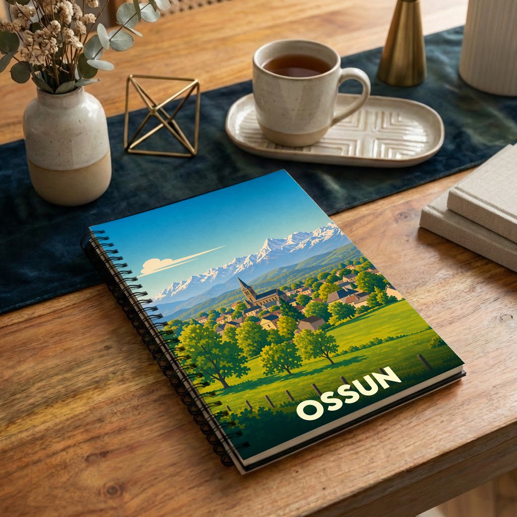 Carnet à spirales souvenir de la ville d'Ossun avec une illustration stylisée d'un paysage montagneux.