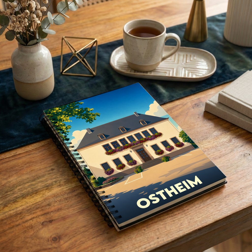 Carnet à spirales souvenir de la ville de Ostheim avec une illustration stylisée d'une maison fleurie.