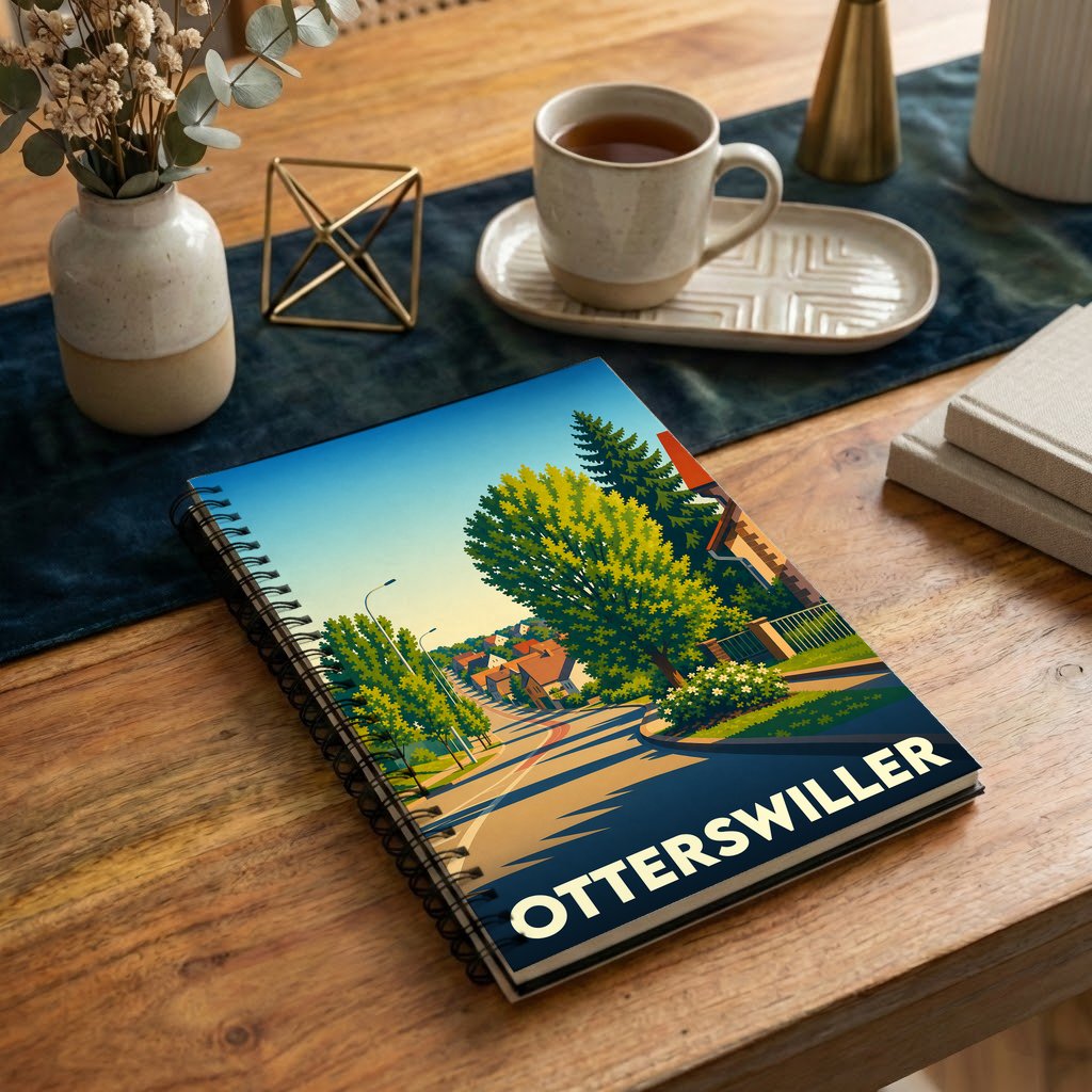 Carnet souvenir de la ville de Otterswiller avec une illustration stylisée d'une rue ensoleillée.
