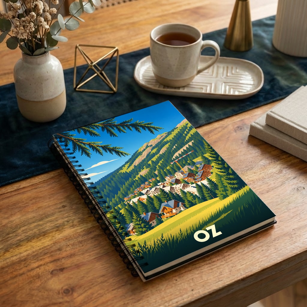 Carnet souvenir de la ville de Oz avec une illustration stylisée d'un village de montagne.