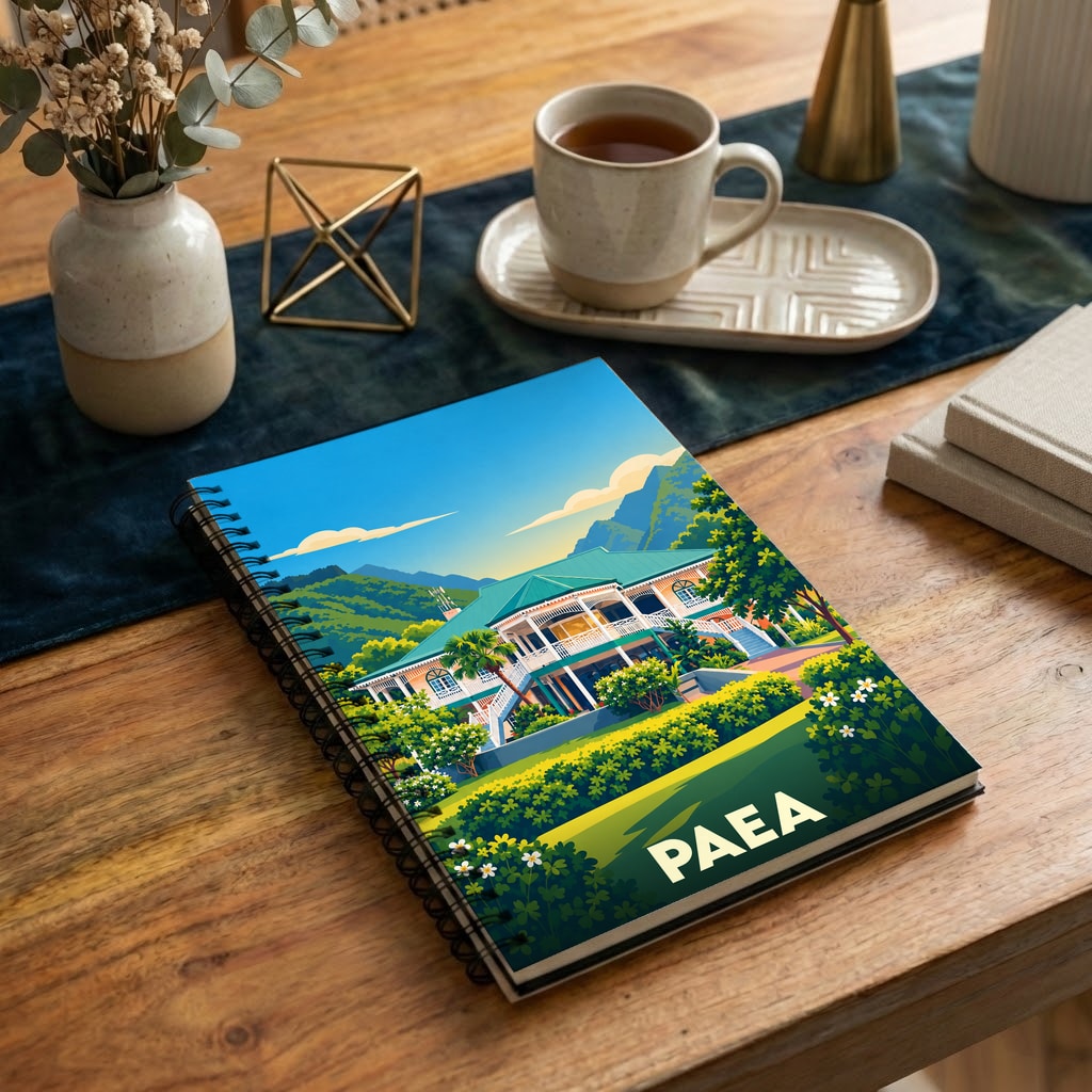 Carnet souvenir de la ville de Paea avec une illustration colorée et stylisée d'une maison traditionnelle.