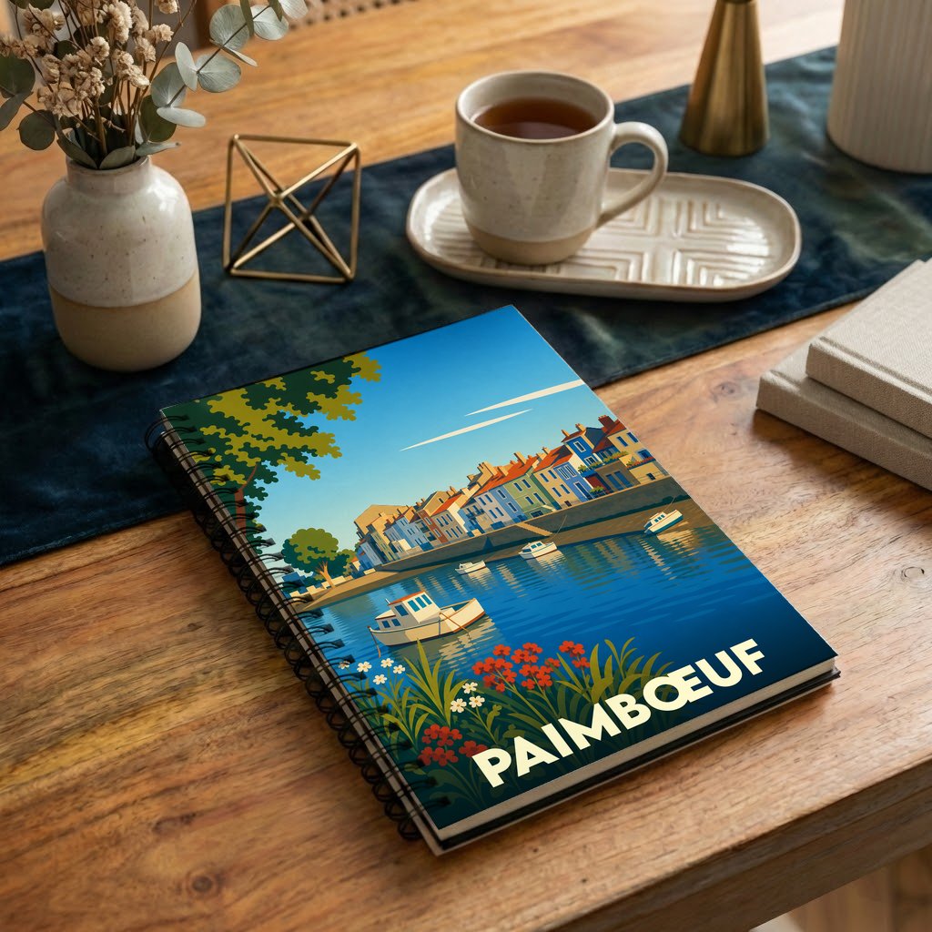 Carnet à spirales souvenir de la ville de Paimbœuf illustré d'une vue stylisée du port et de ses façades colorées.
