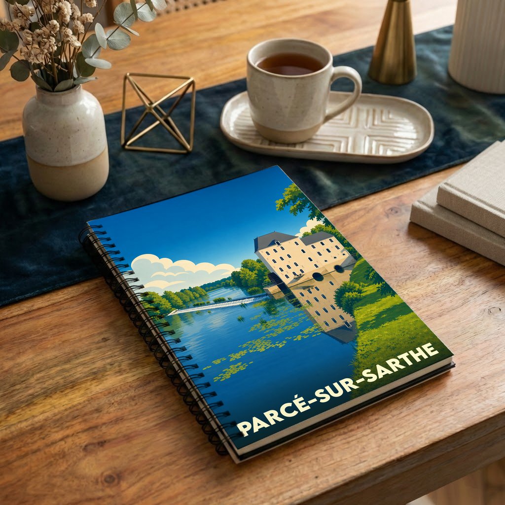 Carnet à spirales souvenir de la ville de Parcé-sur-Sarthe avec une illustration stylisée de son moulin au bord de l'eau.