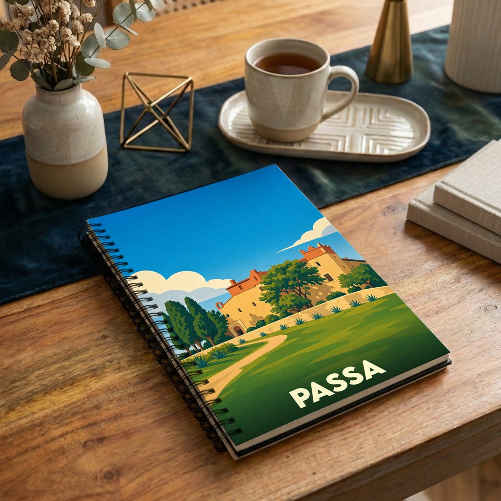 Carnet à spirales souvenir de la ville de Passa avec une illustration stylisée d'un paysage ensoleillé.
