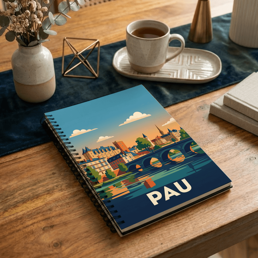 Carnet souvenir de la ville de Pau avec une illustration stylisée de ses monuments emblématiques.