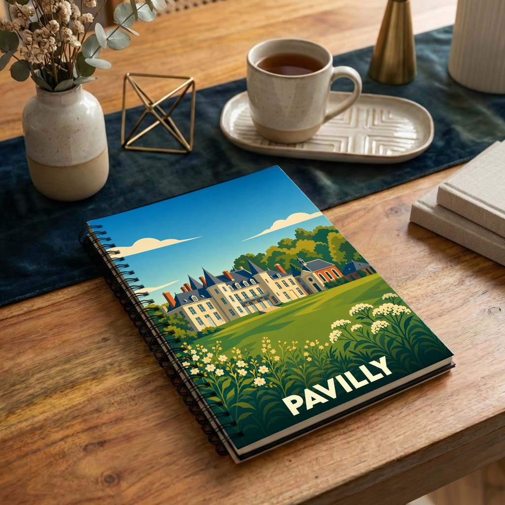 Carnet de notes à spirales souvenir de la ville de Pavilly avec une illustration stylisée de son château.