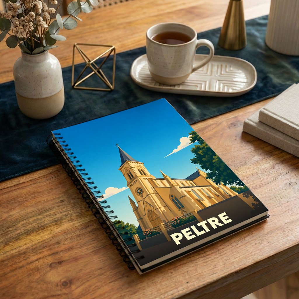 Carnet souvenir de la ville de Peltre avec une illustration stylisée de son église sous un ciel bleu.