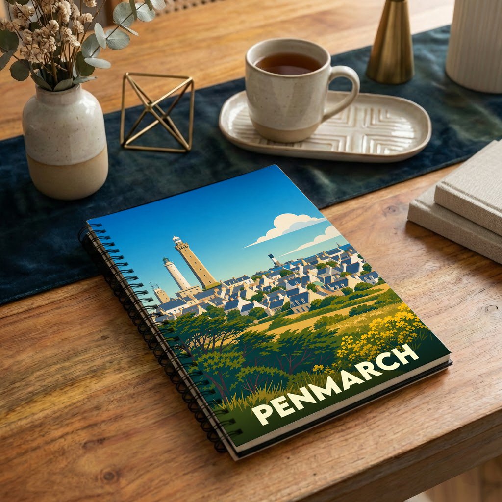 Carnet de notes souvenir de la ville de Penmarch avec une illustration stylisée de ses phares.