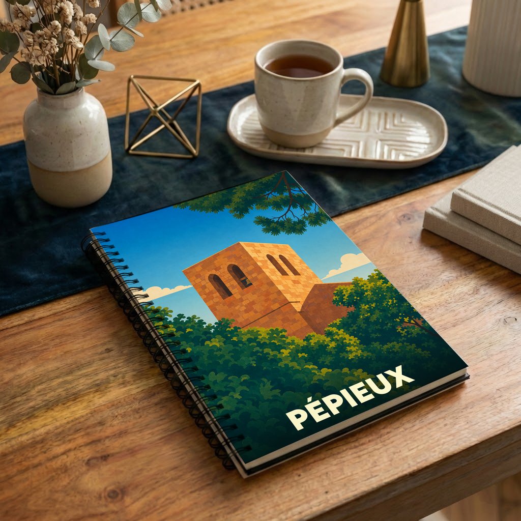 Carnet à spirales souvenir de la ville de Pépieux avec une illustration stylisée de son église entourée de verdure.