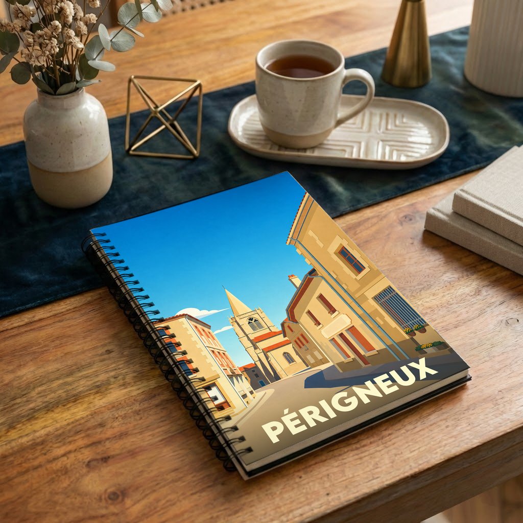 Carnet à spirales souvenir de la ville de Périgneux avec une illustration stylisée.