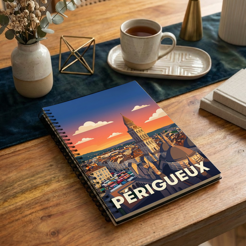 Carnet souvenir de la ville de Périgueux avec une illustration stylisée de son paysage urbain.