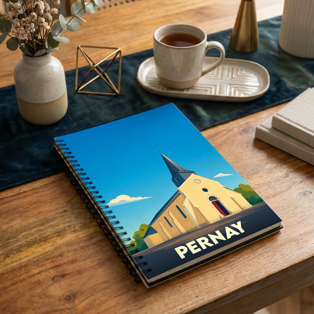 Carnet à spirales souvenir de la ville de Pernay avec une illustration stylisée de son église.