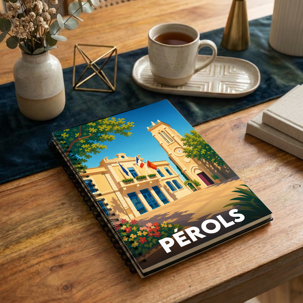 Carnet souvenir de la ville de Pérols avec une illustration stylisée de son hôtel de ville.