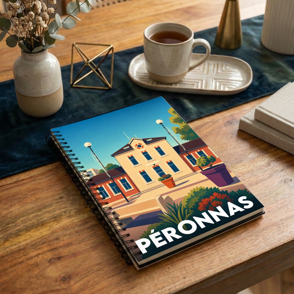 Carnet de notes souvenir de la ville de Péronnas avec une illustration stylisée et colorée.