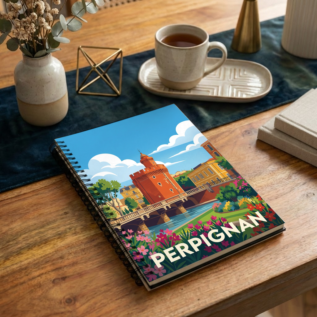 Carnet souvenir de la ville de Perpignan avec une illustration stylisée et colorée du Castillet.