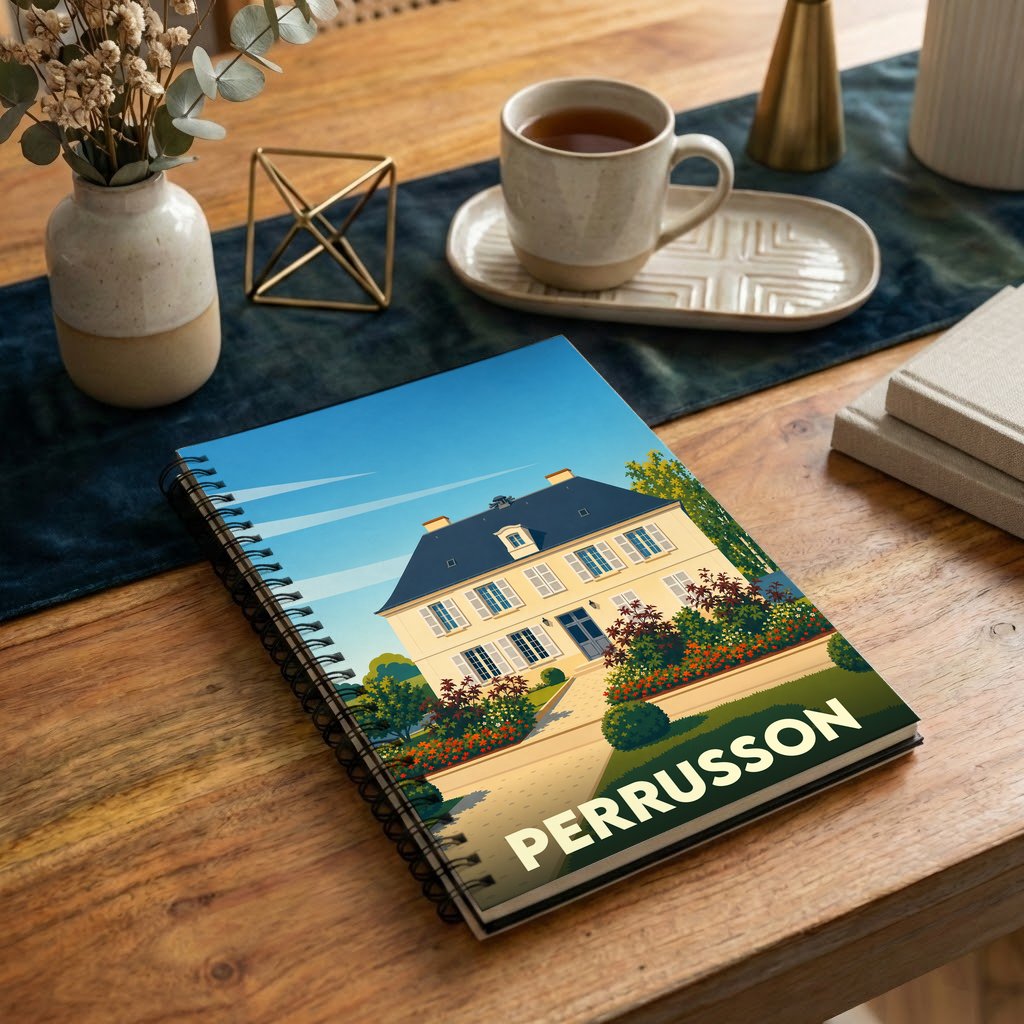 Carnet de notes souvenir de la ville de Perrusson avec une illustration stylisée d'une demeure traditionnelle.