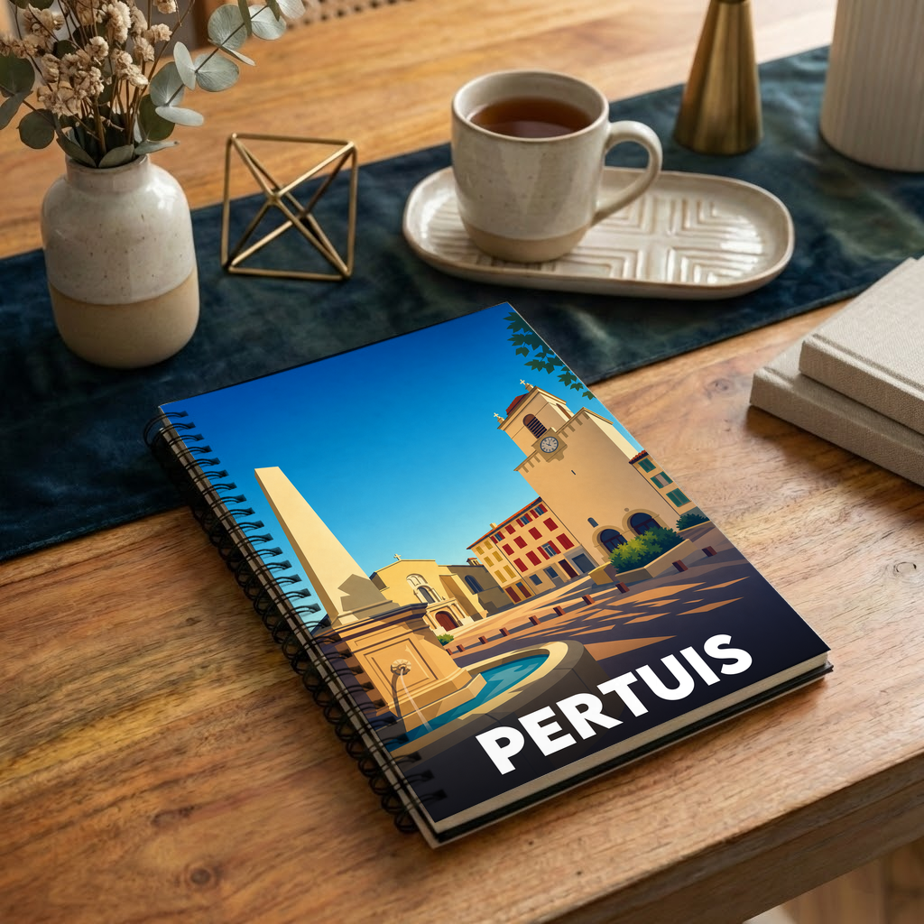 Carnet souvenir de la ville de Pertuis avec une illustration stylisée.