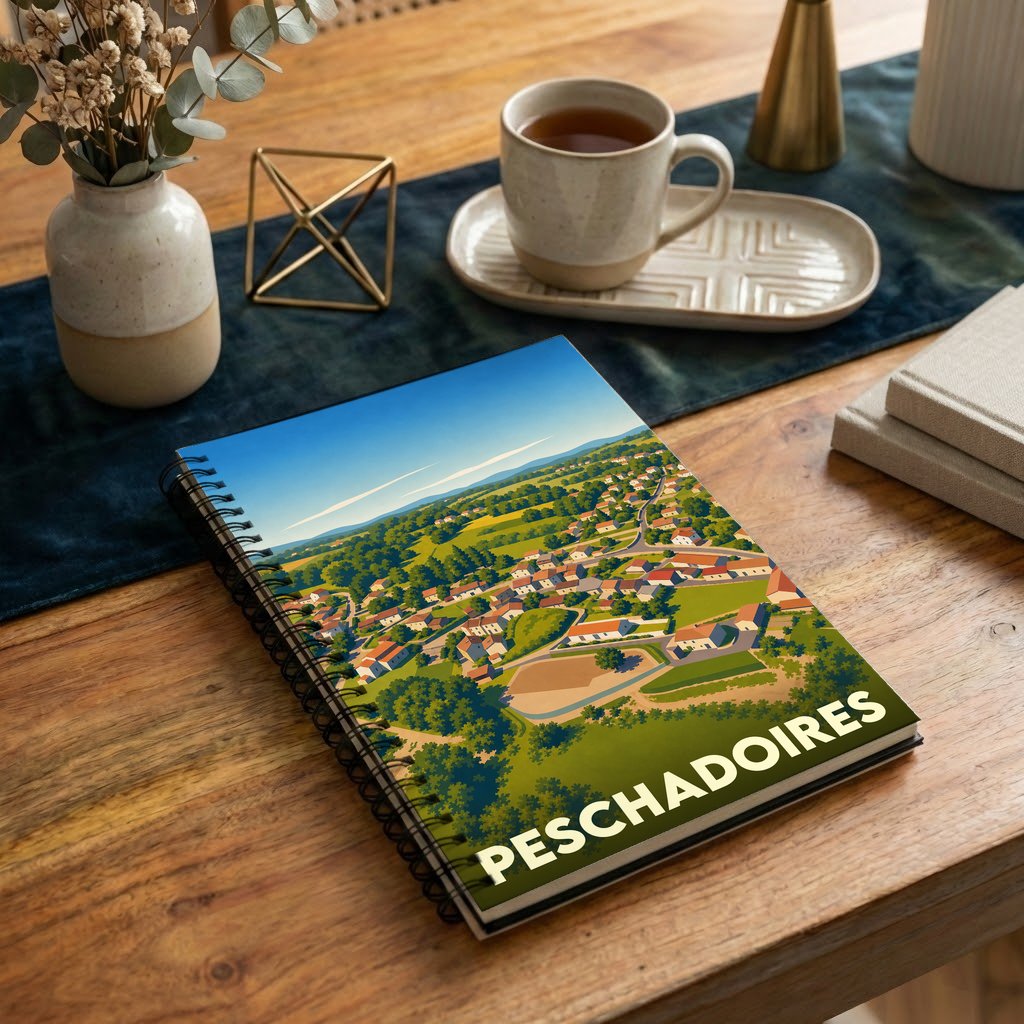 Carnet à spirales souvenir de la ville de Peschadoires avec une illustration de paysage champêtre.