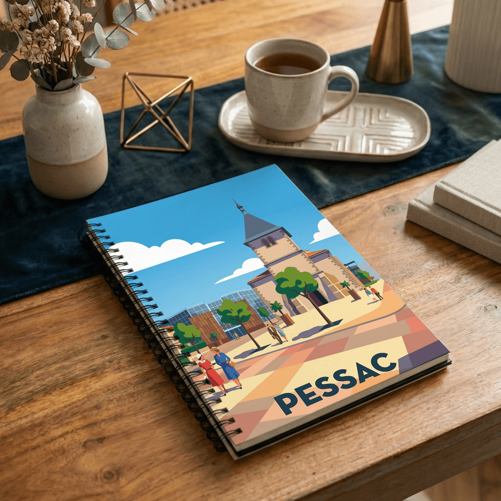 Carnet souvenir de la ville de Pessac avec une illustration colorée et stylisée.