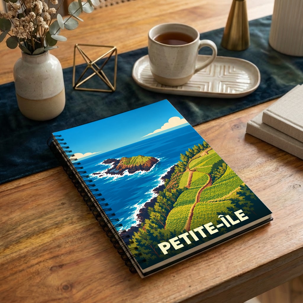 Carnet de notes à spirales souvenir de Petite-Île avec une illustration stylisée de son littoral escarpé.