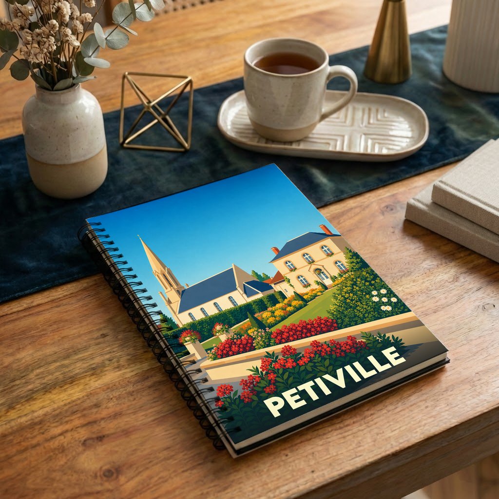 Carnet à spirale souvenir de la ville de Petiville avec une illustration colorée et stylisée de ses monuments.