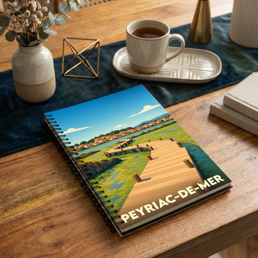 Carnet à spirales souvenir de Peyriac-de-Mer avec une illustration stylisée de ses pontons en bois.