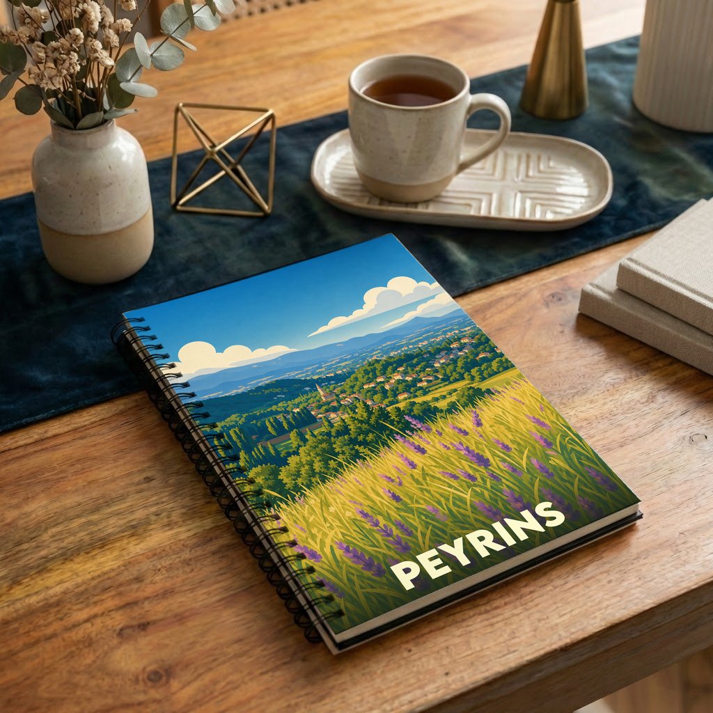 Carnet souvenir de la ville de Peyrins avec une illustration stylisée d'un paysage provençal.