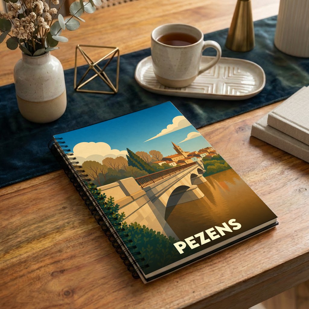 Carnet à spirales souvenir de la ville de Pezens avec une illustration stylisée d'un pont ensoleillé.