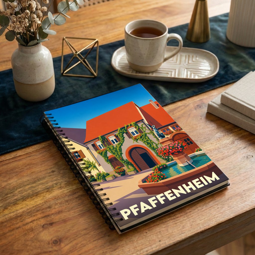 Carnet de notes souvenir de la ville de Pfaffenheim avec une illustration stylisée et colorée.