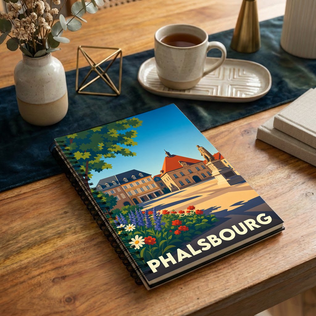 Carnet à spirales souvenir de la ville de Phalsbourg avec une illustration stylisée.