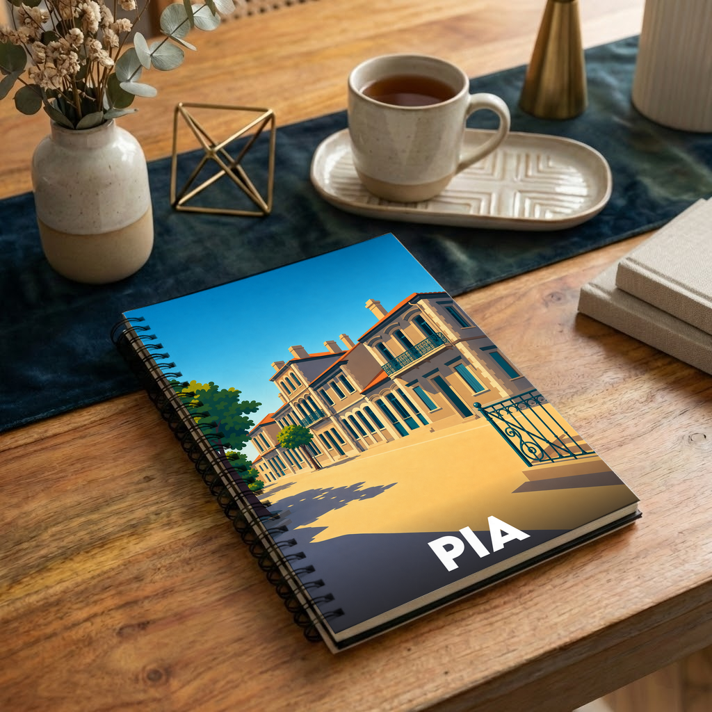 Carnet souvenir de la ville de Pia avec une illustration graphique stylisée.