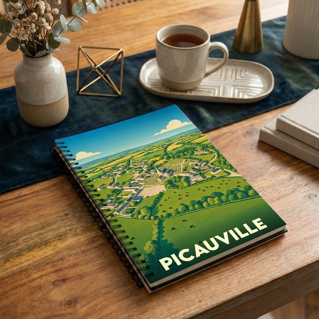 Carnet souvenir de la ville de Picauville avec une illustration stylisée de ses paysages et de son bourg.