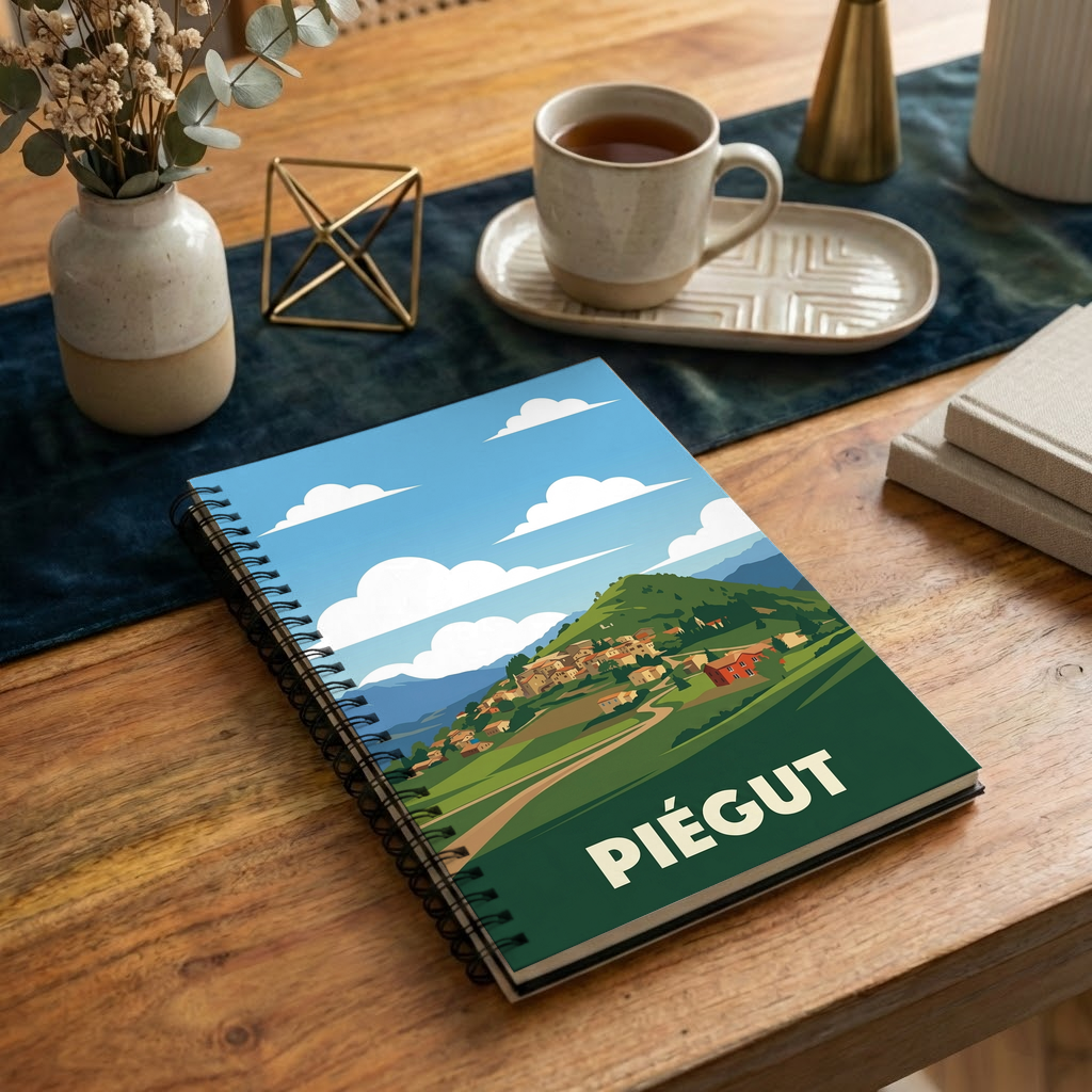 Carnet souvenir de la ville de Piégut avec une illustration paysagère stylisée.