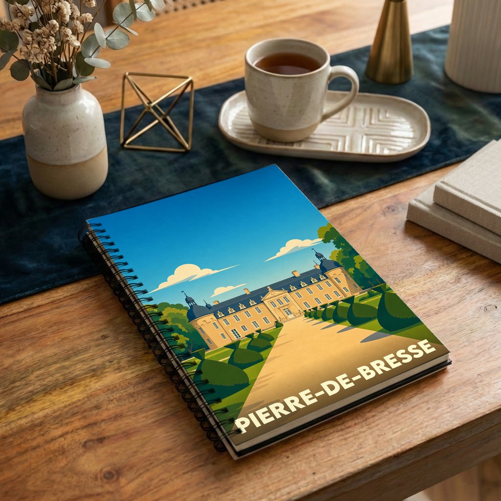 Carnet à spirales souvenir de Pierre-de-Bresse avec une illustration stylisée de son château.