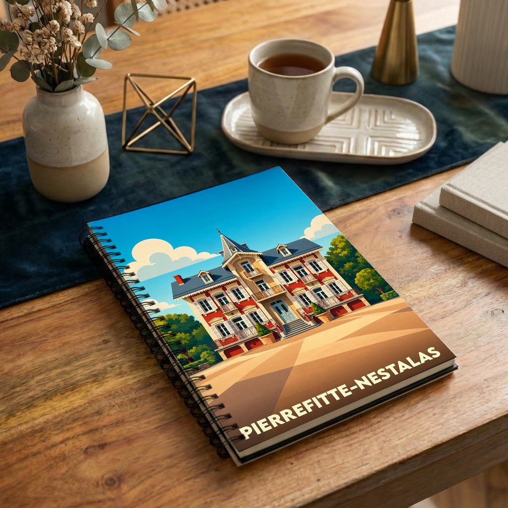 Carnet de notes à spirales souvenir de la ville de Pierrefitte-Nestalas avec une illustration stylisée d'un manoir coloré.