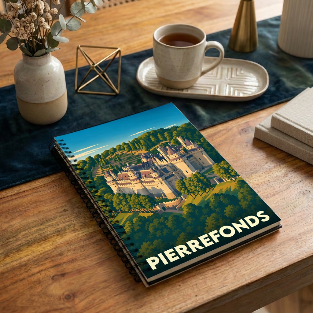 Carnet souvenir de la ville de Pierrefonds illustré d'un dessin stylisé de son château.
