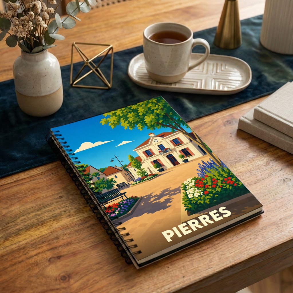 Carnet souvenir de la ville de Pierres avec une illustration stylisée et colorée.
