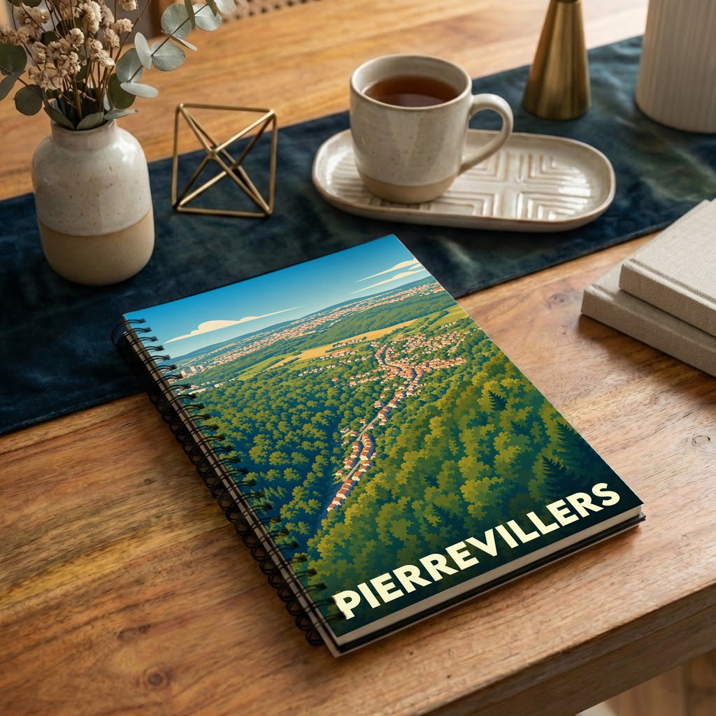 Carnet à spirales souvenir de Pierrevillers illustré d'une vue aérienne stylisée de la commune.