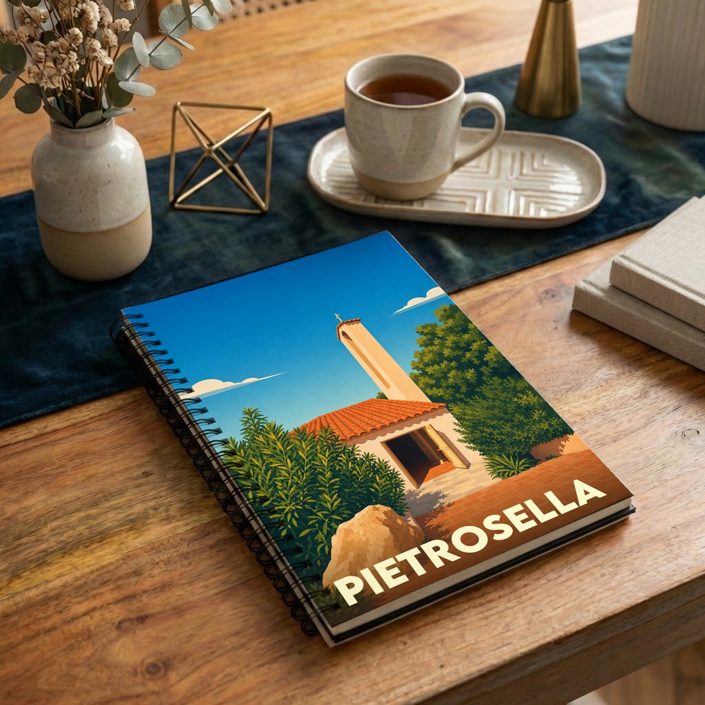 Carnet à spirales souvenir de la ville de Pietrosella avec une illustration stylisée d'une église sous un ciel bleu.