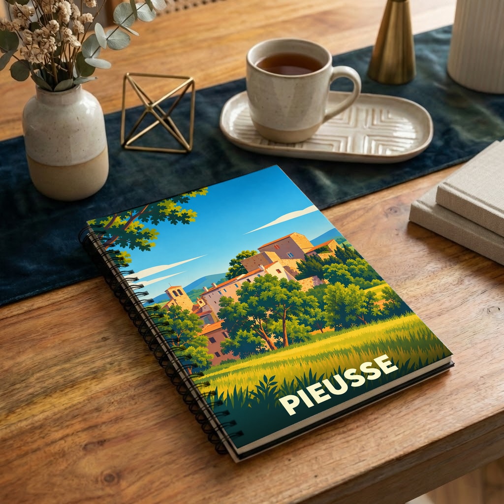 Carnet souvenir de la ville de Pieusse avec une illustration stylisée de ses paysages et de son architecture.