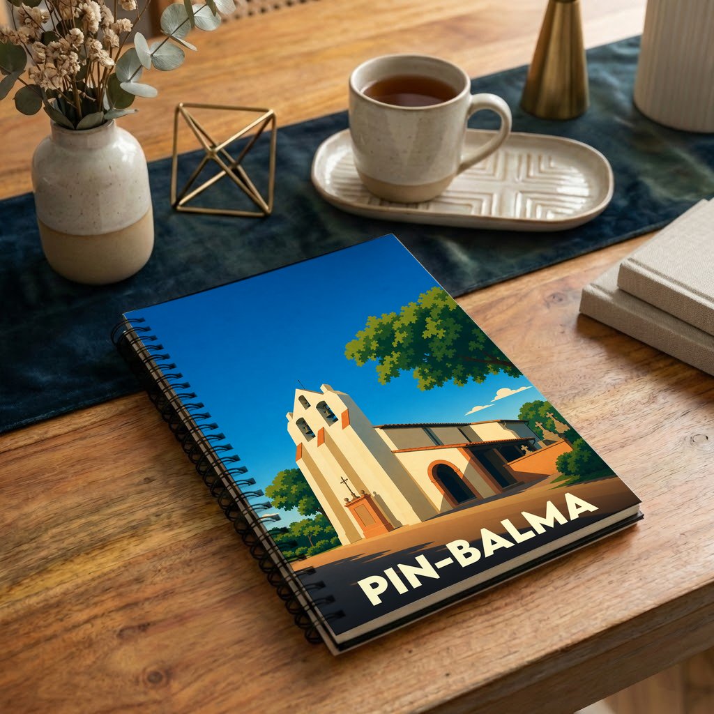 Carnet à spirales souvenir de la ville de Pin-Balma avec une illustration stylisée de son église.