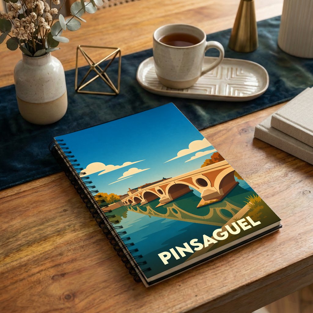 Carnet souvenir de la ville de Pinsaguel avec une illustration stylisée représentant un pont sur l'eau.