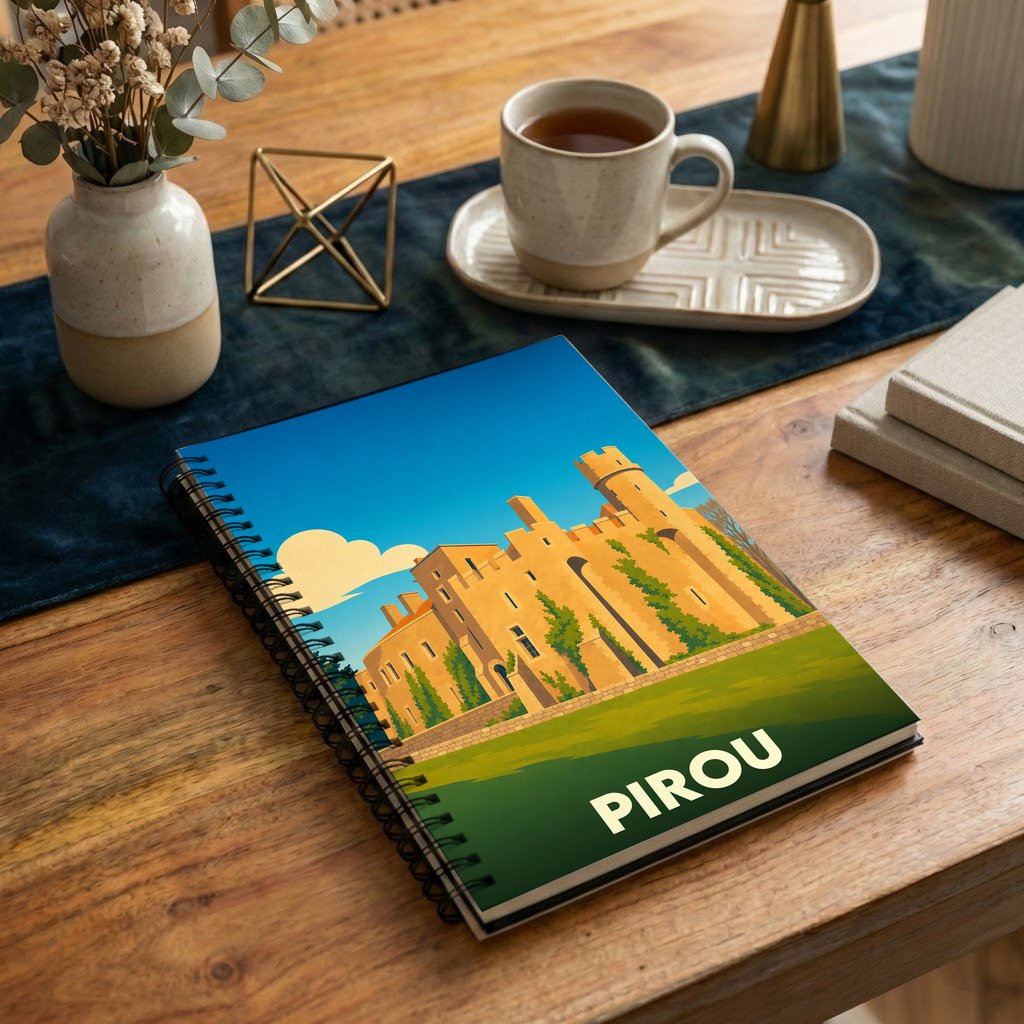 Carnet souvenir de la ville de Pirou illustré d'un château stylisé sous un ciel bleu.
