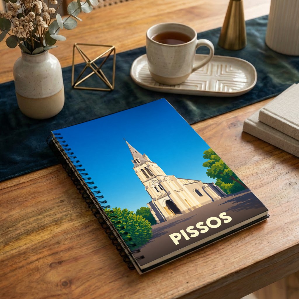 Carnet souvenir de la ville de Pissos avec une illustration stylisée de son église sous un ciel bleu.