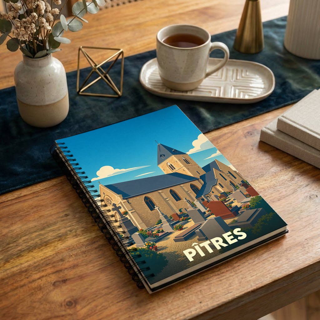 Carnet souvenir de la ville de Pîtres avec une illustration stylisée d'une église et de son cimetière.