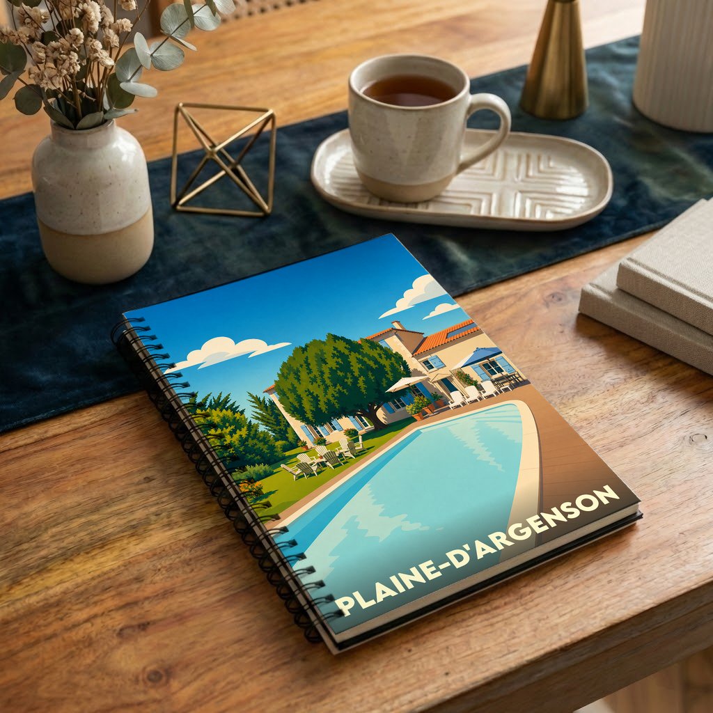 Carnet à spirales souvenir de la ville de Plaine-d'Argenson avec une illustration stylisée de villa et piscine.