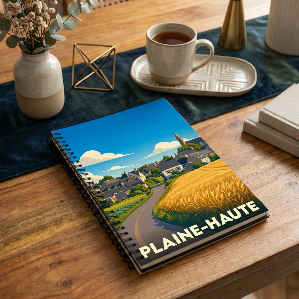 Carnet à spirales souvenir de la ville de Plaine-Haute avec une illustration stylisée d'un paysage champêtre.