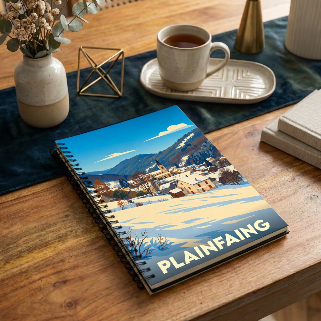 Carnet à spirales souvenir de la ville de Plainfaing avec une illustration hivernale stylisée.